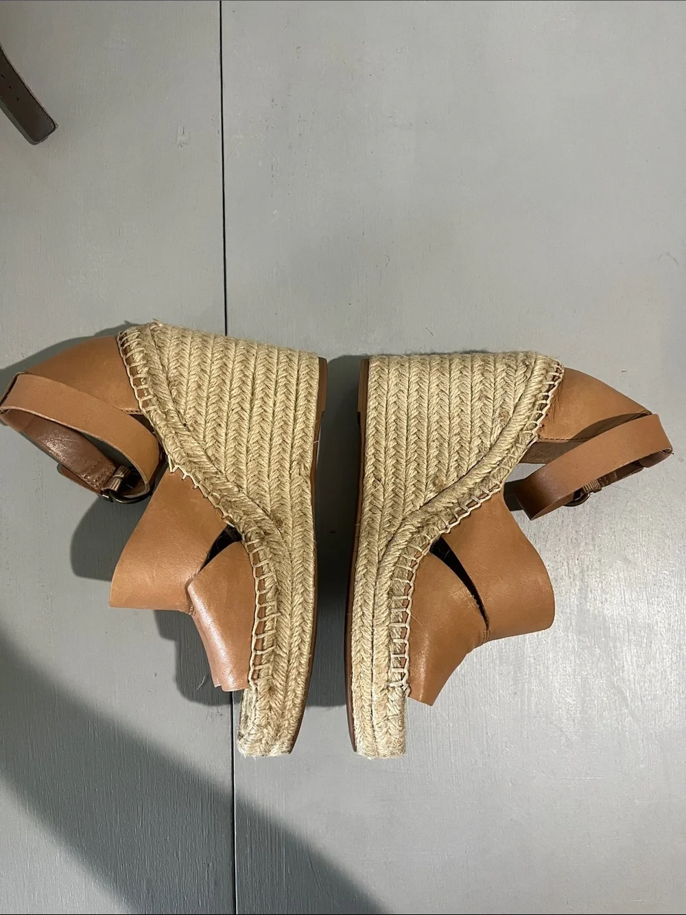 Treasure & Bond Tan Leather Espadrille Wedge Sandals with Ankle Strap